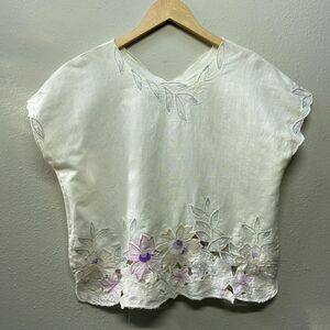 Japanese Lucifer White Floral Embroidered Cutout Boxy Blouse Women's Sz XS?